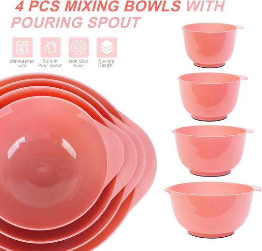 BoxedHome 4 Quart Large Plastic Mixing Bowls, Microwave Safe Mixing Bowl Set with Pour Spout, Nesting Bowls for Space Saving Storage(Candlelight Peach)