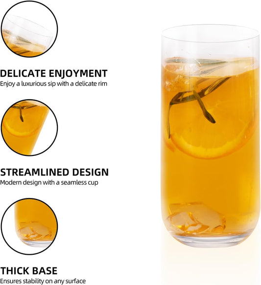 KAMMAK Drinking Glasses Set of 2, 17oz Crystal Water Glasses,Tall Glass Cups, Highball Glass for Cocktail, Juice, Mojito, Iced Tea, Collins Glasses, Kitchen and Bar Glassware Gifts