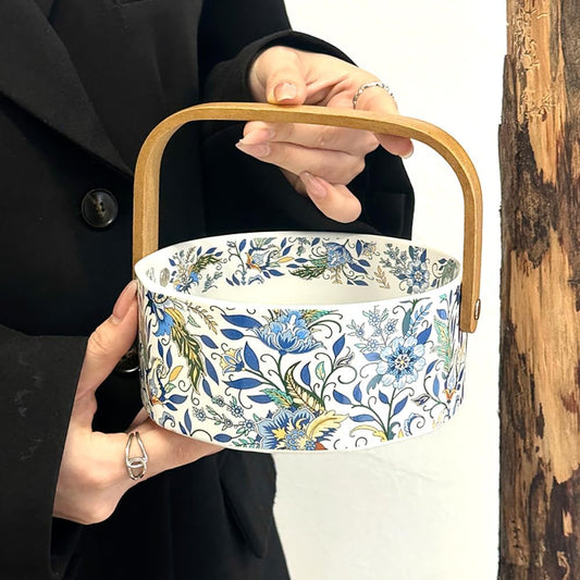 Ceramic Candy Bowl with Wood Handle Candy Dish Decorative Serving Bowl,Kitchen Dining Table Office Decor(White)