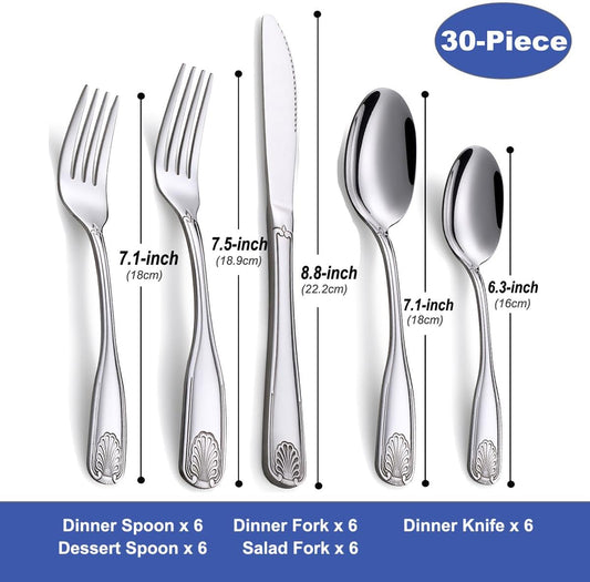 30-Piece Flatware Set, Stainless Steel Silverware Set for 6, Cutlery Set with Shell Pattern, Fork Spoon Knife Set, Dishwasher Safe