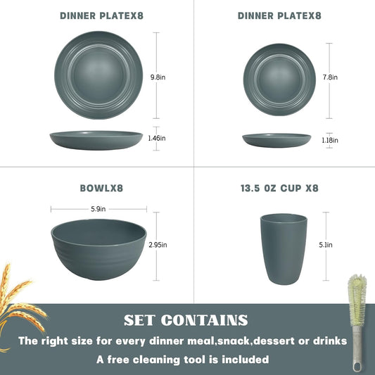 Kitchen Wheat Straw Dinnerware Sets (33pcs) Attached cleaning brush,Service For 8,Plastic Plates and Bowls Sets,Unbreakable Dinnerware,Lightweight Plastic Plate Set (Navy blue grey)