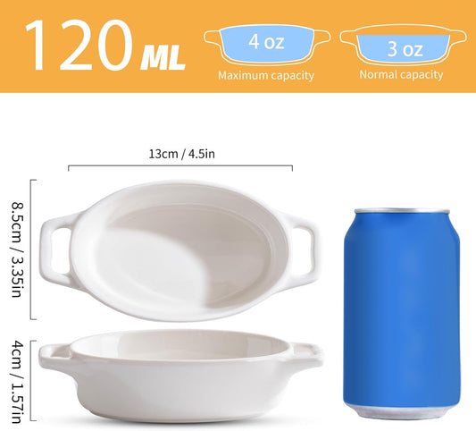 4-Pack Oval Creme Brulee Ramekins, 4 oz Mini Porcelain Souffle Dish, Ramekins Oven Safe with Double Handles (White)