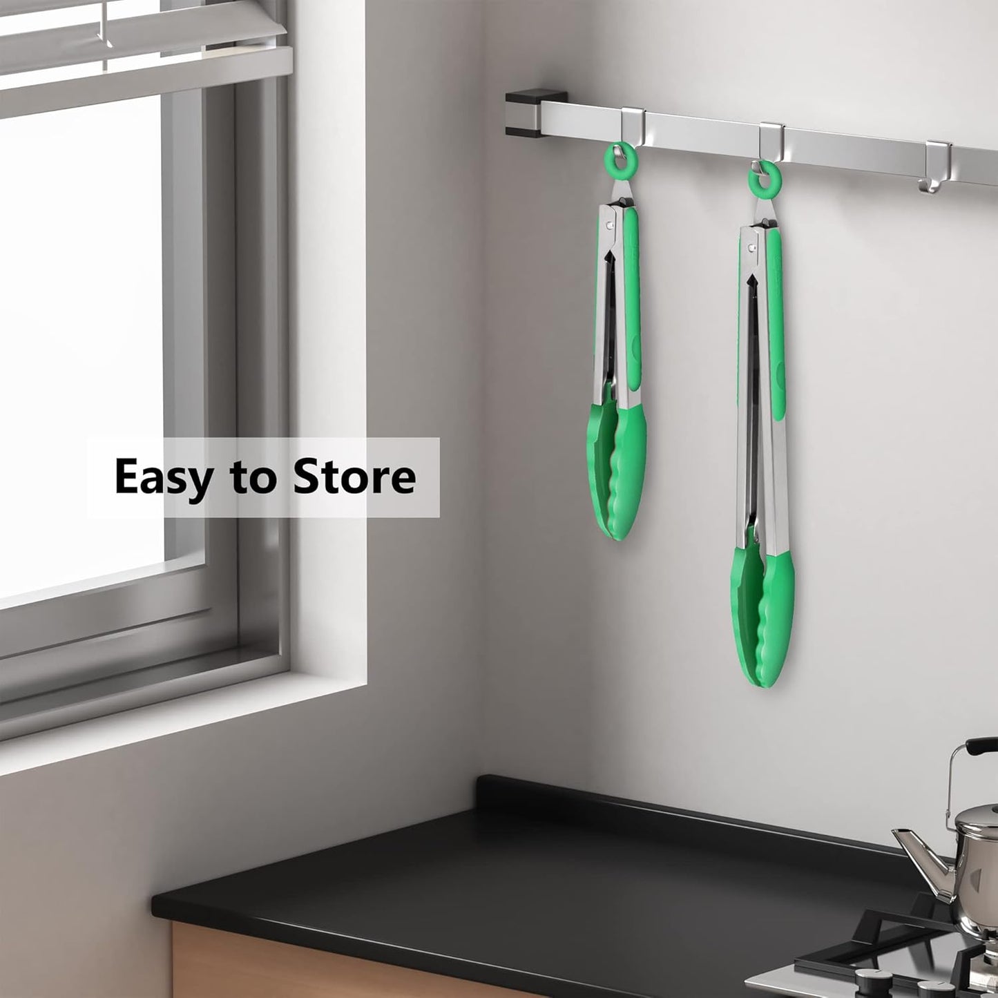 Set of 2 Kitchen Tongs, Premium Stainless Steel Locking 9-Inch & 12-Inch Silicone Grilling Barbeque Cooking Food Tong, Dark Green