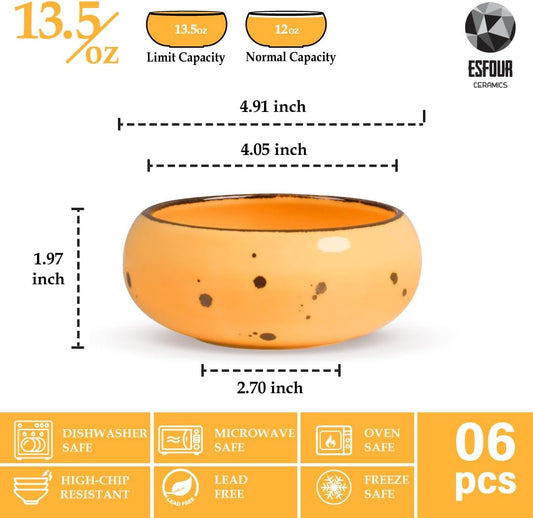 Small Hand Craft Dessert Bowls - 13.5oz Set of 6 - Microwave, Oven, Dishwasher Safe, Ice Cream, Soup, Snacks, Rice, Cereal, Chili, Side Dishes Dips, Ideal Gift - Blossom Assorted Color