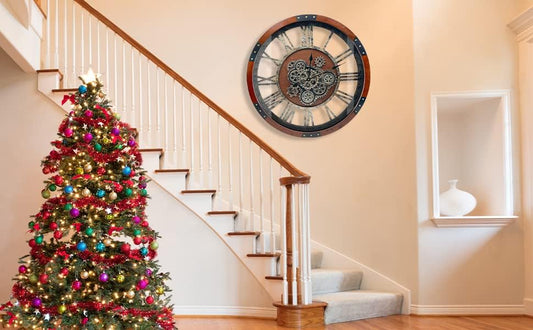 DORBOKER 24" Original Moving Gears Wall Clock, Large Industrial Wall Clock for Living Room Decor,Oversized Wood Vintage Farmhouse Steampunk Rustic Clocks for Wall Decor,Black Walnut