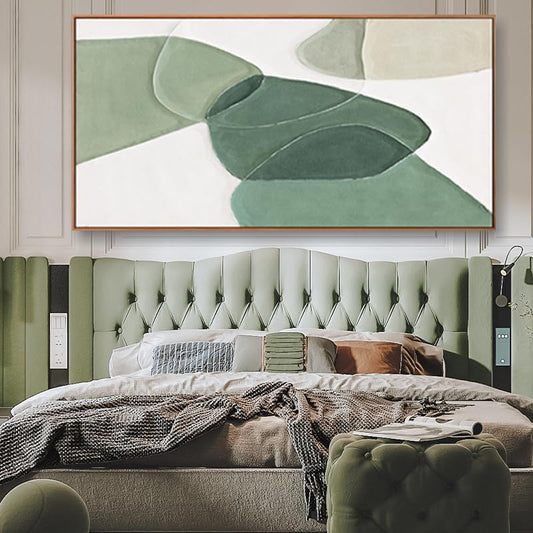 Modern Wall Art Large Geometric Green And White Geometric Color Block Line Art Painting Artwork Canvas Simple Picture Textured Artwork Framed For Living Room Bedroom Office Home Decor 29"X 58"