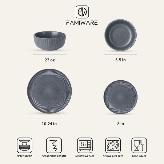 Famiware Starlight Dinnerware Sets, Plates and Bowls Dish Set of 6 (18 Pieces), Ribbed Textured Tableware - Dishwasher & Microwave Safe, Chip Resistant, Reactive Glaze, Matte Midnight Grey