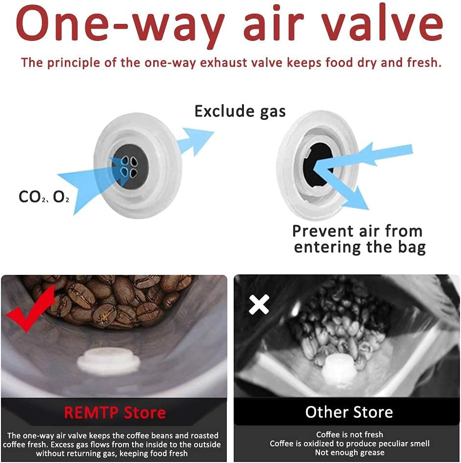 REMTAP Coffee Bags with Valve (50pcs,8oz) Red High Barrier Aluminumed Foil Flat Bottom Standing Coffee Beans Storage Bags,Reusable Heat Sealable Side Zipper Pouches for Home or Store