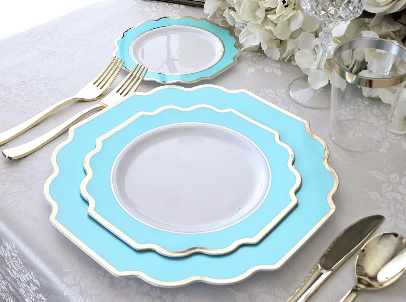 " OCCASIONS " 80 Plates Pack,(40 Guests) Heavyweight Wedding Party Disposable Plastic Plates -40 x 10.5'' Dinner + 40 x 8'' Salad/Dessert Plate (Imperial Aqua/Gold))