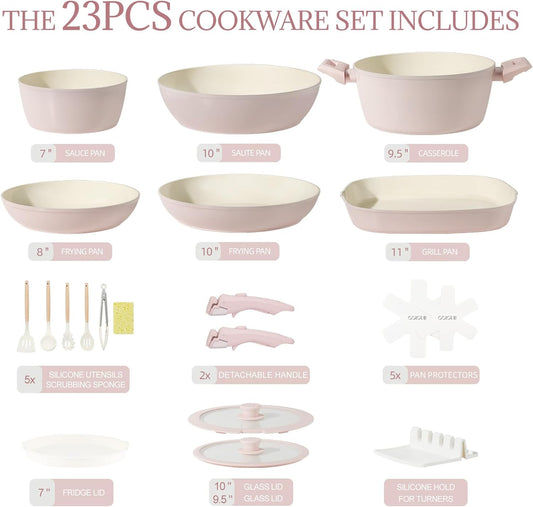 23Pcs Ceramic Cookware Set Non Stick Pots and Pans Set Non Toxic with Detachable Handle Induction Kitchen Cookware Set Space Saving, Oven & Dishwasher Safe, Light Pink