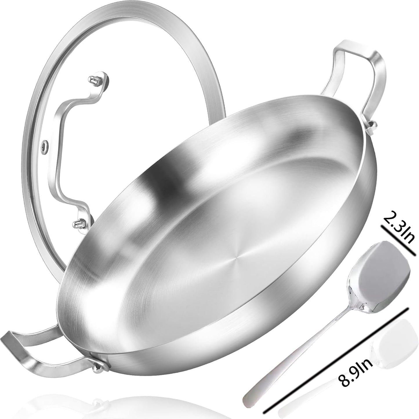 Inqibee 12-Inch Tri-Ply Stainless Steel Paella Pan with Lid,Stir Fry Pan,Omelet Pan,Large Skillet,Induction Cooking Pan,Heavy Duty,Dishwasher and Oven Safe.