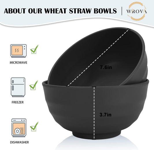 Wheat Straw Bowls Set 60 OZ Unbreakable Large Cereal Bowls Set of 6 Microwave and Dishwasher Safe Bowls Big Bowls for Camping and Picnic BPA Free Soup Bowl for Serving Oatmeal and Salad. Black