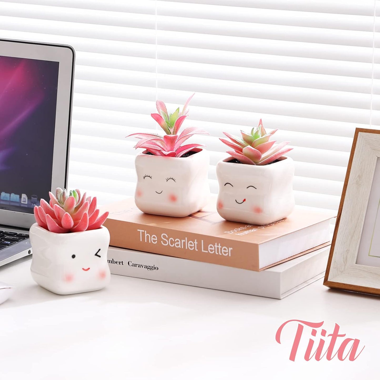 Tiita Cute Artificial Faux Succulents in Pots, Pink Fake Plants Ceramic Arrangement Planter Small Mini Tiny Decoration for Home Office Accessories Women Desk Window Sill Bathroom Bedroom