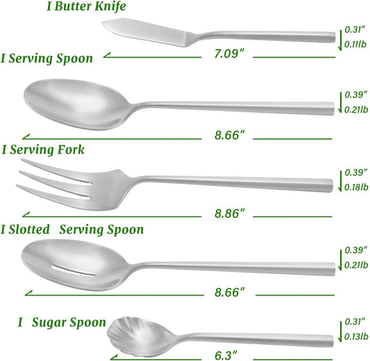 DEACORY 5-Piece Silverware Stainless Steel Matte Finished Flatware Thick Heavy Hexagon Cutlery Serving Utensils Set