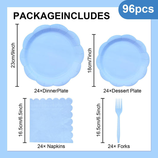 96 Pieces Light Blue Scalloped Tableware Set Party Supplies – Solid Color Disposable Dinnerware with Paper Plates, Napkins, and Forks for Baby Showers, Boys Birthday, Spring Celebrations – Serves 24