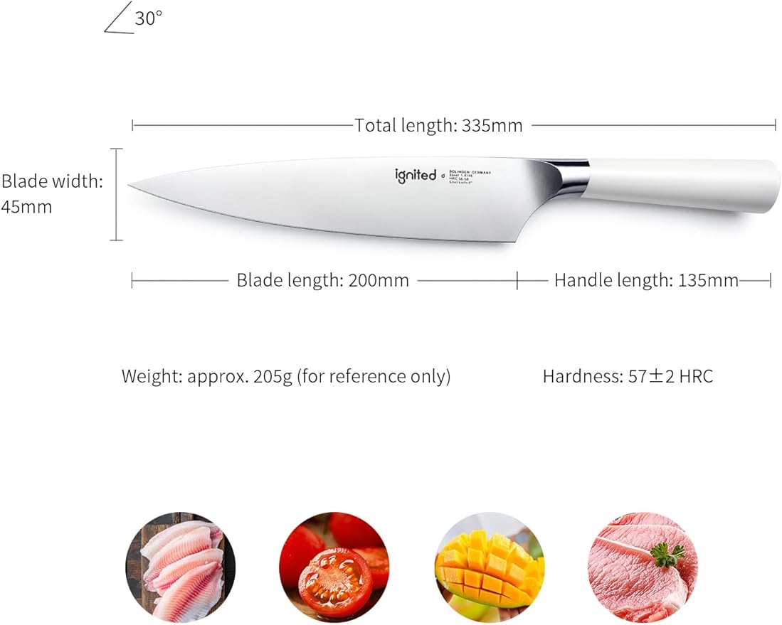 Chef Knife 8 Inch, German High Carbon Stainless Steel Kitchen Knife with Ergonomic White Handle, Ultra Sharp Professional Cooking Knife in Gift Box for Home & Restaurant