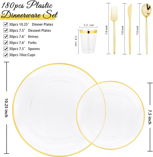 EI 180pcs Gold Plastic Plates,Clear Plates with Gold Trim,Plastic Plate for Party,Clear Dinnerware Set Silverware Cups for Baby Shower,Wedding