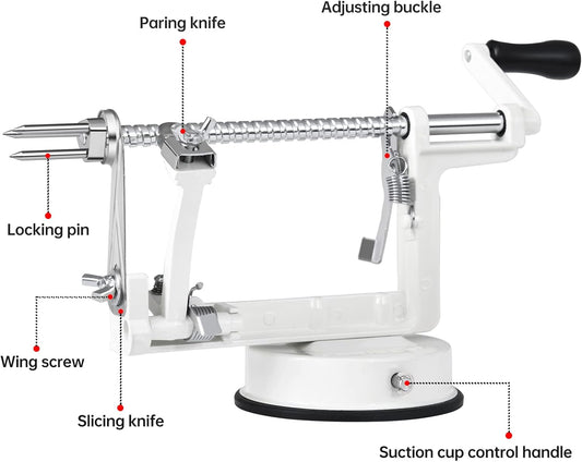 Apple Peeler, Slicer Corer Potato Peelers 3 In 1, Stainless Steel Heavy Duty Suction Cup Base And 7 Extra Blades (White)