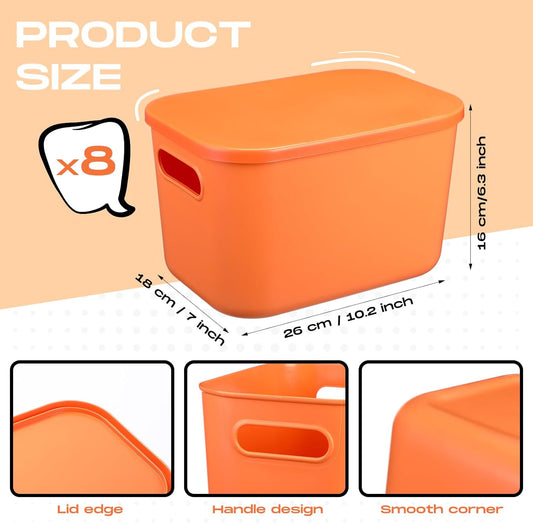 Hoolerry 8 Pieces Colorful Storage Bins with Lid, Plastic Storage Basket Organizing Container Stackable Box with Handle for Shelves Desktop Playroom Office(10.2 x 7 x 6.3 Inch,Orange)