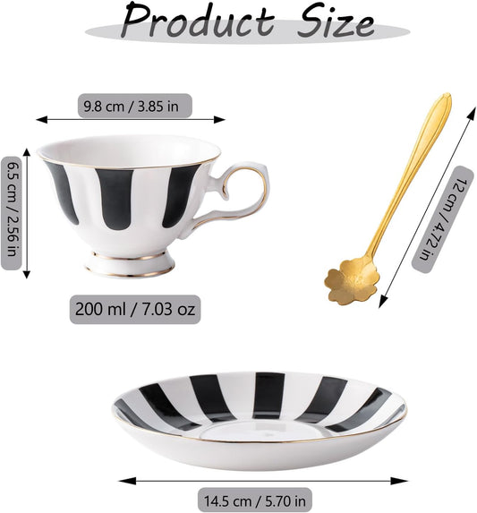 3-Piece Checkered Coffee Cup and Saucer Set with Spoon, 7oz Bone China Porcelain, Black-and-White Vintage Mug Set for Home Office and Afternoon Tea, Elegant Gift Choice
