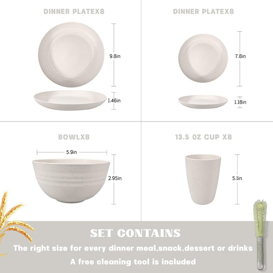 Kitchen Wheat Straw Dinnerware Sets (33pcs) Attached cleaning brush,Service For 8,Plastic Plates and Bowls Sets,Unbreakable Dinnerware,Lightweight Plastic Plate Set (off-white)
