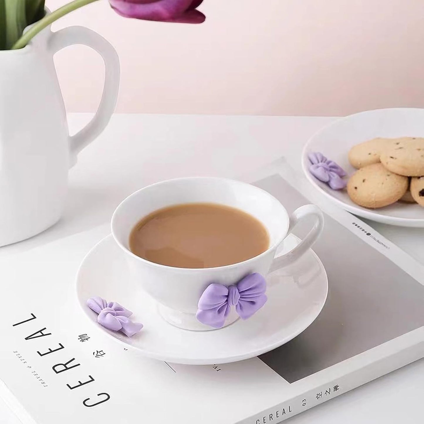 200 ML Violet Bow Coffee Mugs Set with Saucer Coquette Mug Porcelain Coffee Tea Cup Bow Cute Mug for Women Girl