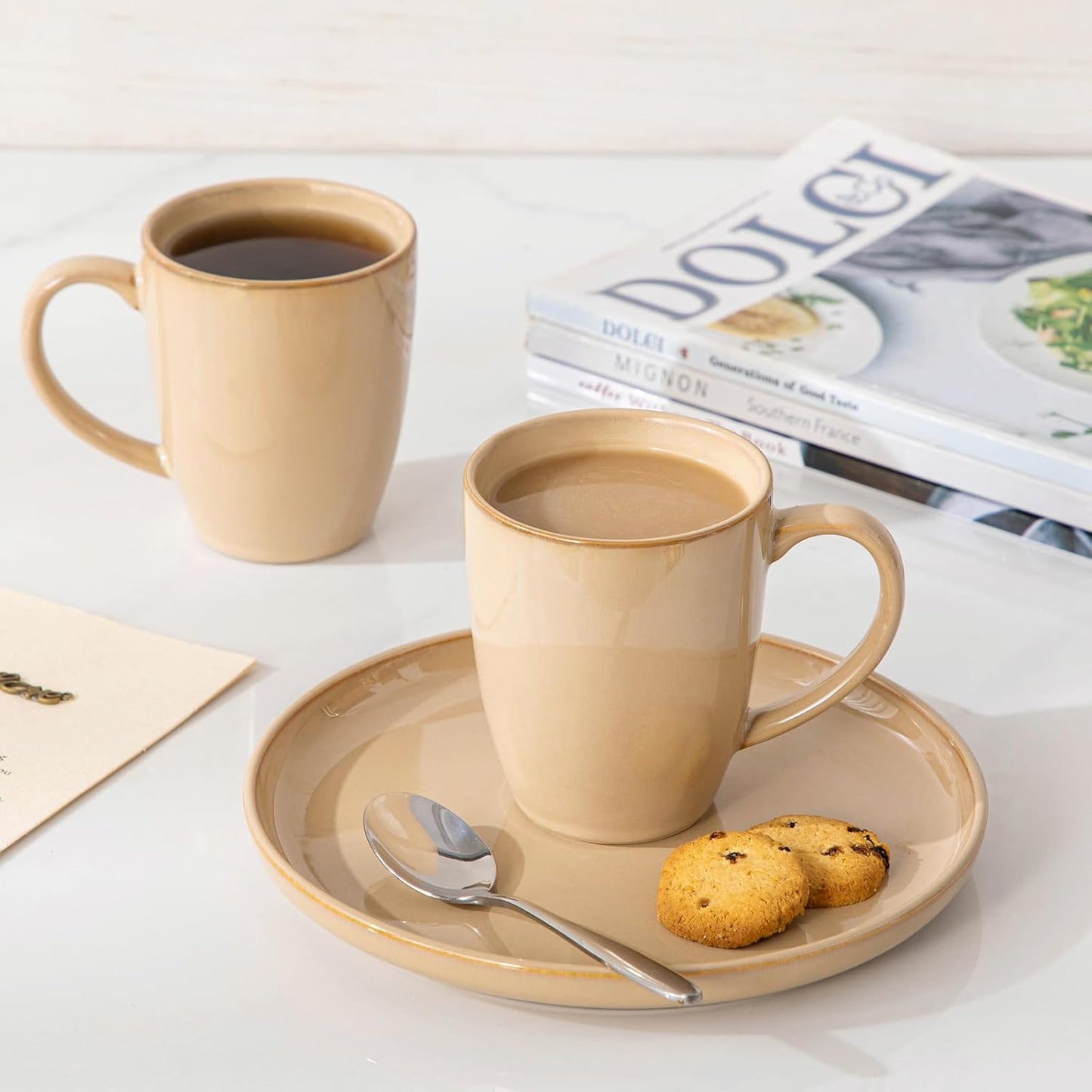 vancasso PLAYA Ceramic Coffee Mug Set of 6, 12 Oz Tea Cups with Handle for Latte, Tea, Cappuccino, Milk, Cocoa, Microwave&Dishwasher Safe, Brown