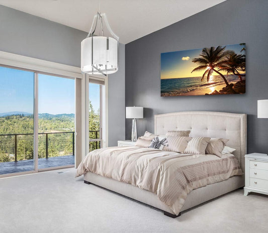 Muolunna S04962 Wall Art Decor Large Canvas Print Picture Sunset Ocean Beach Waves 1 Panel Coconut tree Scenery Painting Artwork for Office Home Decoration Stretched and Framed Ready to Hang XLarge