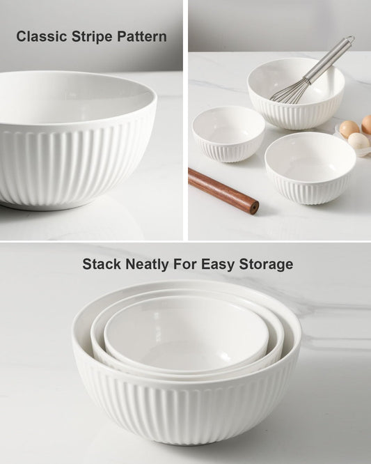 Hasense Mixing Bowls, Large Ceramic Nesting Mixing Bowls Set of 3, Serving Bowls Ideal for Baking, Prepping and Cooking Food, Nesting Salad Bowls for Space Saving Storage, 1.5/1/0.5 Qt - White