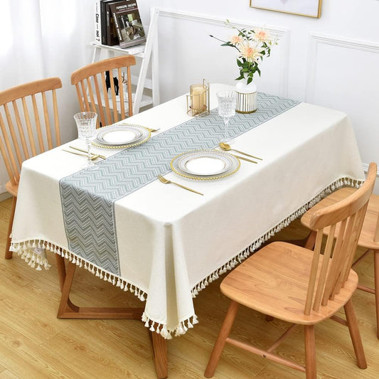 Heavy Duty Cotton Linen Table Cloth, Rectangular, White, 52x120 inch, Farmhouse Style, Checkered Pattern, Heavy Weight, Machine Washable