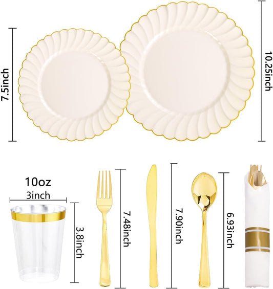 YOUBET 350PCS Ivory Scalloped Plastic Plates - Ivory and Gold Disposable Dinnerware Set Include 100 Plates, 150 Gold Silverware, 50 Cups, 50 Napkins for Wedding & Party & Thanksgiving