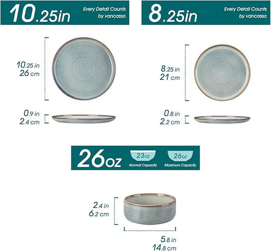 vancasso PLAYA Plates and Bowls Sets, 18 Pieces Light-Blue Dinnerware Sets for Kitchen, Reactive Glaze Dishes Set for 6, Dishwasher and Microwave Safe