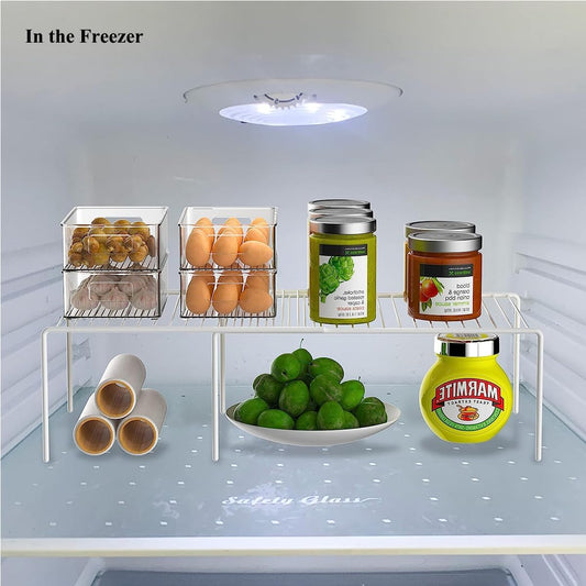 Kitchen Cabinet Organizer and Storage Shelves Expandable Freezer Shelf Organizer Rack with Scratch Resistant Feet for Counter Pantry Dish Spice Cupboards