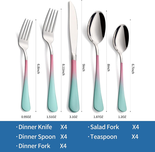 20-Piece pink & green Silverware Set,18/0 Stainless Steel Colorful Handle Flatware Set,Service for 4,Modern Cutlery Set Includes Dinner Knives Forks Spoons, Mirror Polished,Dishwasher Safe