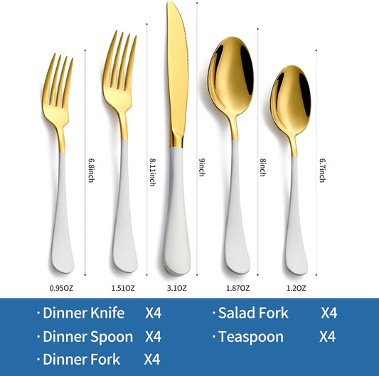 20-Piece White & Gold Silverware Set, 18/0 Stainless Steel Colorful Handle Flatware Set,Service for 4,Modern Cutlery Set Includes Dinner Knives Forks Spoons,Mirror Polished,Dishwasher Safe