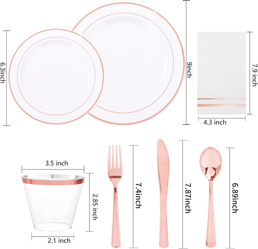 GATHER 350PCS Rose Gold Plastic Plates - Disposable Rose Gold Dinnerware Sets Includes 100 Gold Rimmed Plastic Plates, 150 Silverware, 50 Napkins, 50 Cups for Party, Wedding