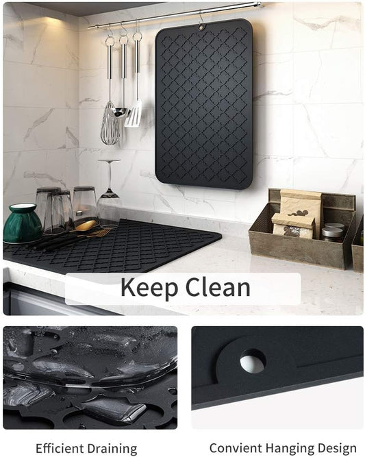 AMOAMI Dish Drying Mat,Heat-resistant,Easy Clean,Silicone Dish Drying Mats for kitchen Counter,Kitchen Gadgets Kitchen Accessories Kitchen Small Appliances (16" x 18", BLACK)
