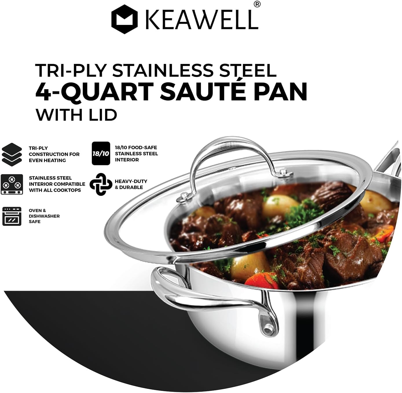 KEAWELL K3 Premium 4-Quart Tri-Ply Stainless Steel Sauté Pan with Lid, Induction & Oven Safe up to 600°F, Even Heating, Professional Cookware for All Stovetops (4-Qt)