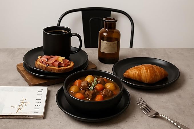 12-Piece Matte Black Dinnerware Set,Stoneware Dinnerware for 4, Microwave & Dishwasher Safe, Stackable Design for Kitchen and Dining - Plates and Bowls