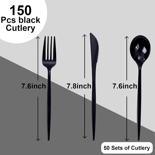 PULOTE 150PCS Black Plastic Silverware Set Disposable - Heavy Duty Black Plastic Cutlery - Black Plastic Utensils Set Include 50 Forks,50 Spoons,50 Knives for Party&New Year