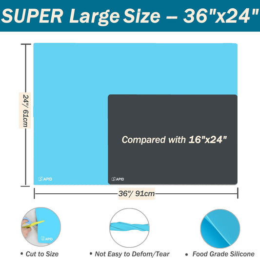 Extra Large Silicone Mat 36" x 24" Place Mats, Heat Resistant Mat for Kitchen Countertop Protector, Thick Placemats Washable Silicone Mats for Kitchen Counter Mat Dining Table Mat, Blue, Sapid