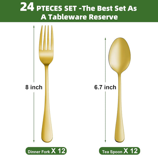 24 Pcs Gold Forks and Spoons Silverware Set, Food Grade Stainless Steel Flatware Cutlery Set for Kitchen and Restaurant, 12 Dinner Fork(8") and 12 Teaspoon(6.7"), Mirror Polished, Dishwasher Safe
