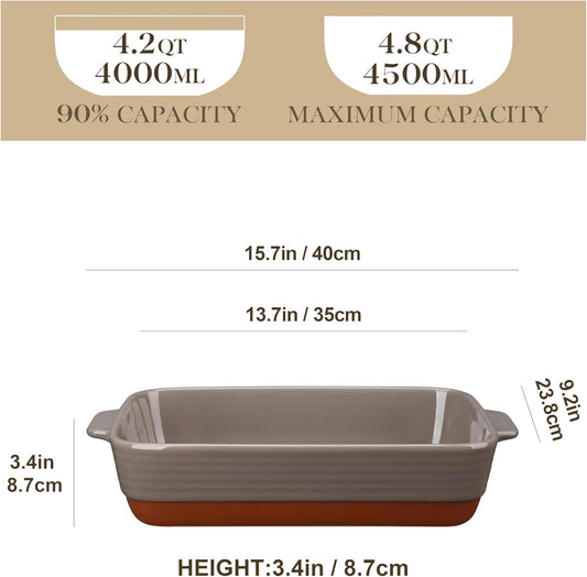MALACASA 4.8 Qt Lasagne Dishes for Oven, 9 x 13 Inches Brown Ceramic Oven Dish with Handles, Deep Rectangular Baking Dish Casserole Dishes, Lasagna Pan Bakeware for Roasting, Series TARA