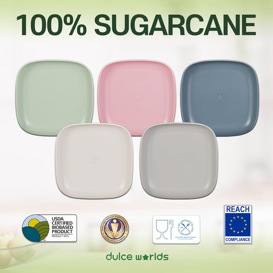 SUGARCANE Kids Plates 5Pack (7.9”) + Coconut Pad 2Pc- Organic Dishes for Toddler to Big Kids - USDA Certified – Microwaves & Dishwasher Safe – BPA Free, Unbreakable, Reusable - Gray Pink