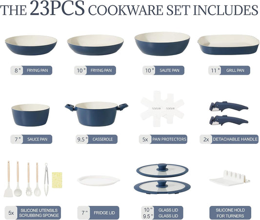 23Pcs Ceramic Cookware Set Non Stick Pots and Pans Set Non Toxic with Detachable Handle Induction Kitchen Cookware Set Space Saving, Oven & Dishwasher Safe, Navy