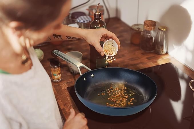 MsMk Small Nonstick Frying pan Blue, 8-inch Durable Egg Omelet Skillet, Titanium and Diamond Non Stick Coating From USA, for Induction,Cerammic and Gas Cooktops, Oven Safe,Dishwasher Safe