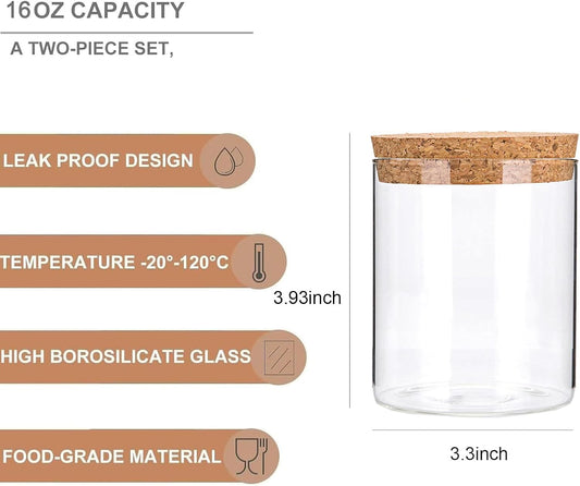Airtight Glass Storage Containers with cork Lid, for Kitchen Pantry Organization and Storage jar,Ideal for Coffee Beans Snacks Flour Cereal Sugar Tea 16oz. (Circular 3.9 * 3.3in*2pcs)