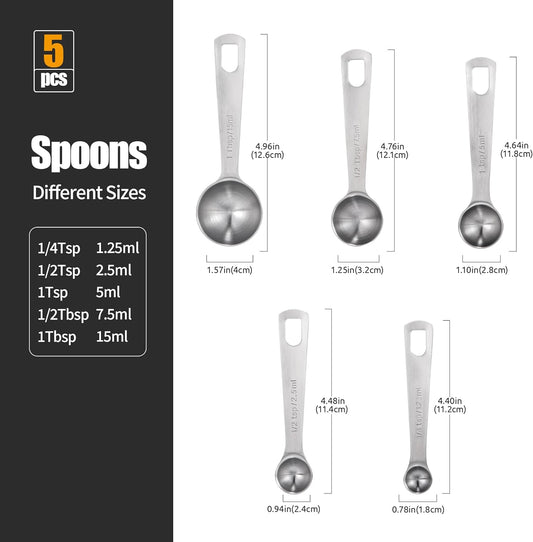 Doosu Measuring Spoons Set of 5-18/8 Stainless Steel Heavy Duty Teaspoons Tablespoons with Engraved Metric & US Measurements, Metal Measure Spoon for Dry and Liquid Ingredients, Dishwasher Safe