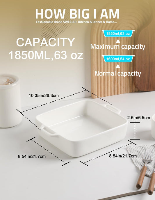Sweejar 8x8 Baking Pan,Ceramic Casserole Dishes for Oven with Double Handles,2 QT Square Cake Baking Dish for Brownie,Lasagna,Casseroles,Family Dinner(White)
