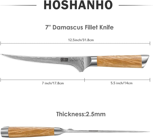 HOSHANHO 7 Inch Damascus Fillet Knife, Professional 10Cr15CoMoV Super Steel Japanese Boning Knife, Ultra Sharp Fish Knife with Ergonomic Olive Wood Handle